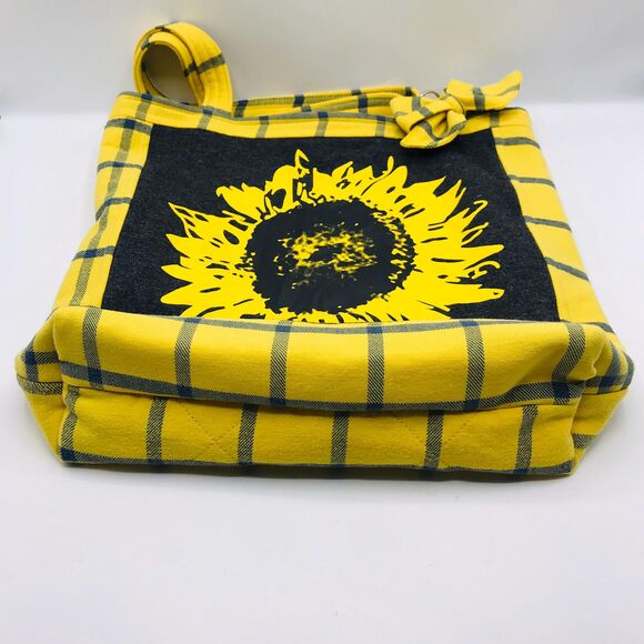 Handmade Tote Bag: Repurposed, Sunflower on Plaid, Grey, Yellow, Blue, Cottage - Picture 8 of 10